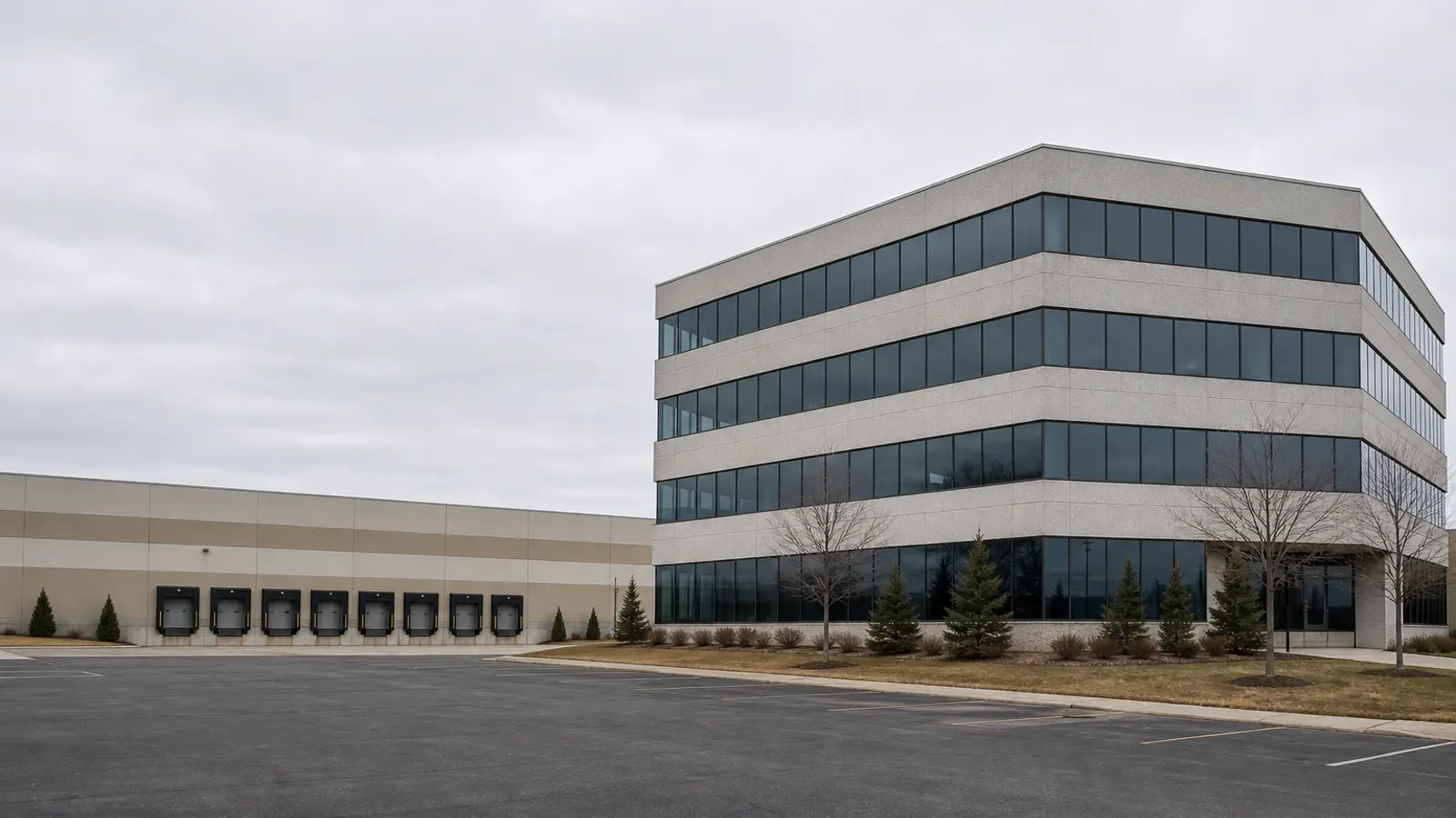 Office building attached to a warehouse with loading docks