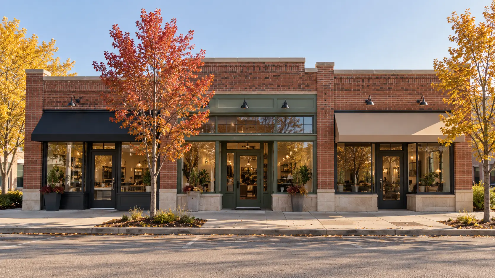 A small commercial building with several storefronts.