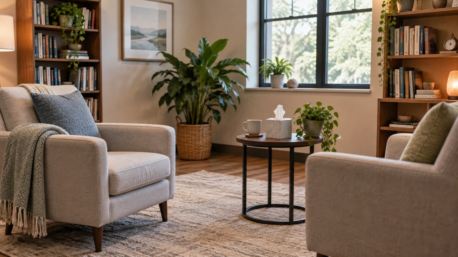 Illustrative counseling office with two chairs; AI-generated image, not a named practice or client location.