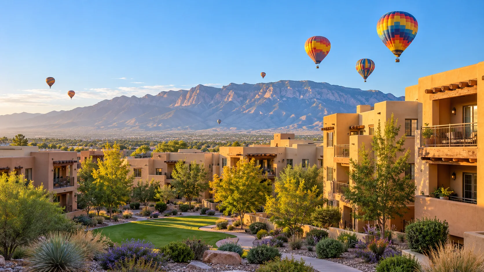 Illustration of colorful hot air balloons above a New Mexico-style stucco condo community