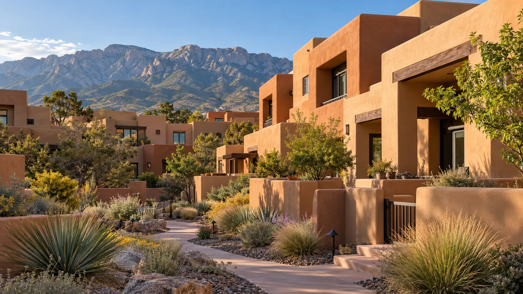 Illustration of a La Luz-inspired New Mexico stucco condominium community