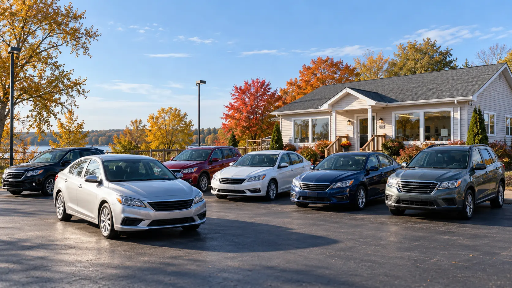 A small independent used car dealership with an office and outdoor vehicle display.