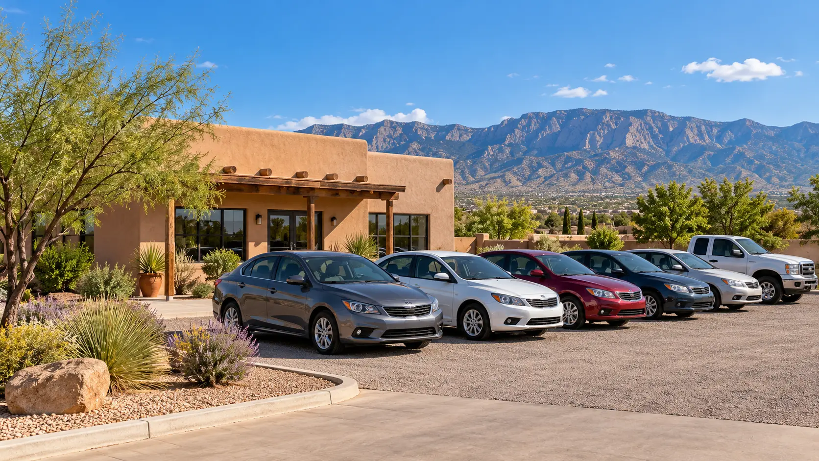 A small used car dealership with an outdoor lot in New Mexico.