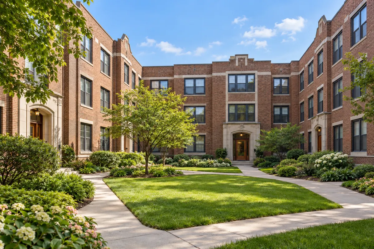Brick apartment building and landscaped courtyard; illustrative AI-generated property.