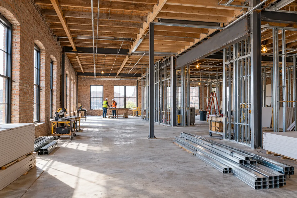 Existing commercial building undergoing renovation; illustrative AI-generated scene.