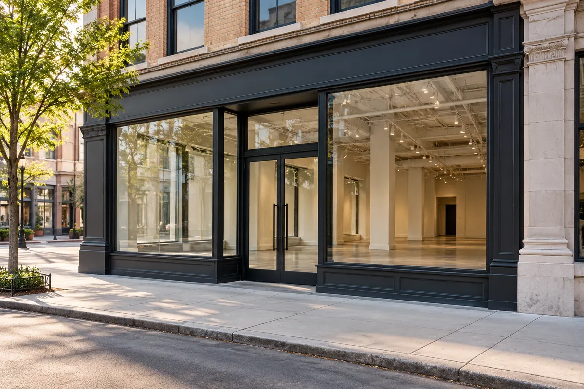 Vacant commercial storefront awaiting its next use; illustrative AI-generated scene.