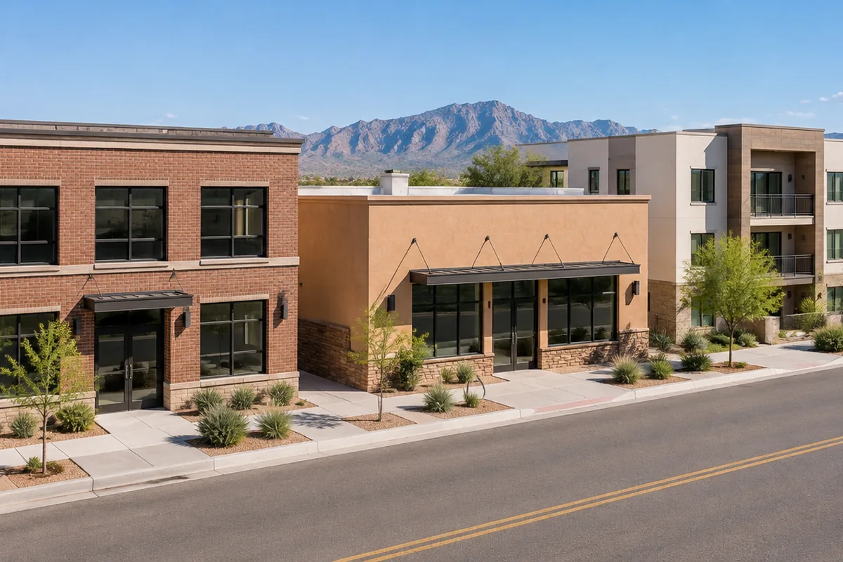 Three commercial buildings on one street; illustrative AI-generated scene.