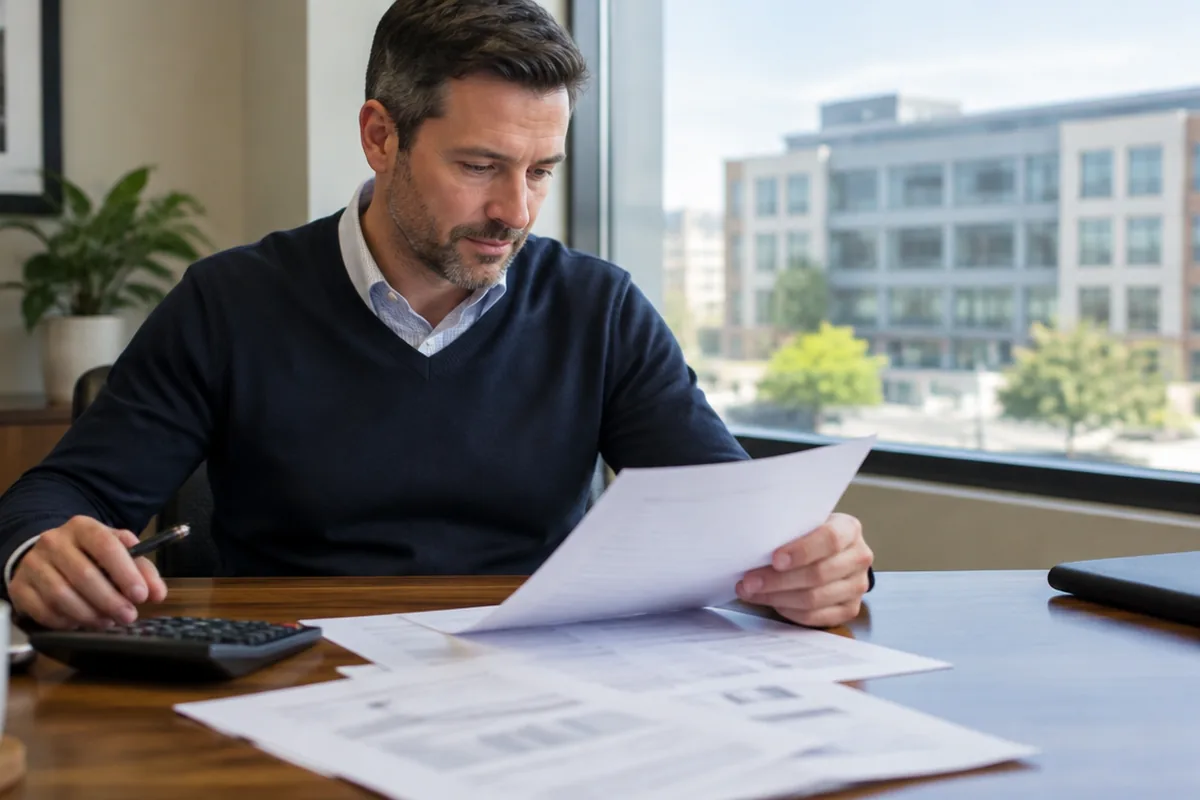 Property owner reviewing an insurance quote at a desk; illustrative AI-generated scene.